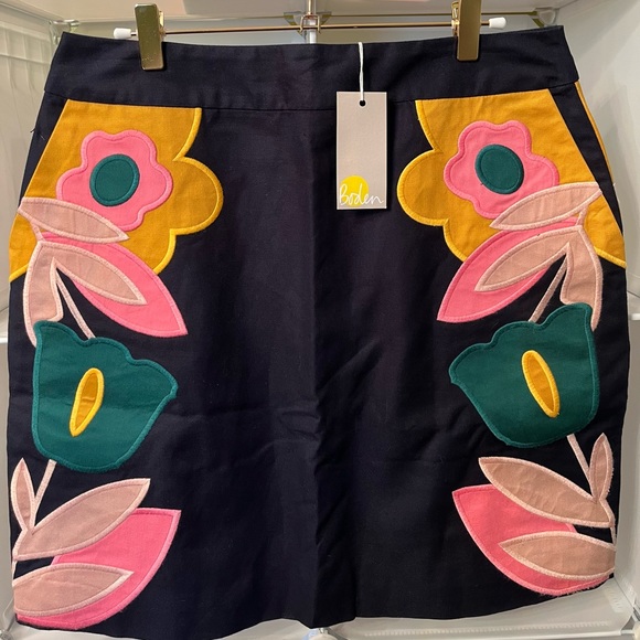 Boden Dresses & Skirts - Boden Navy Mini Skirt with Pink, Yellow and Green Floral Appliqué
